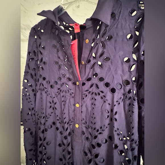 Lilly Pulitzer Zia Eyelet Midi Shirtdress Navy Blue Size 10 - Picture 4 of 11